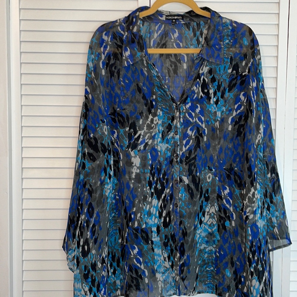 Fashion Bug Blue Black Gray Sheer Button-Down Top